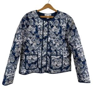 Rachel Zoe Women Blue & White Floral Quilted Jacket XL Boho Office Business Work